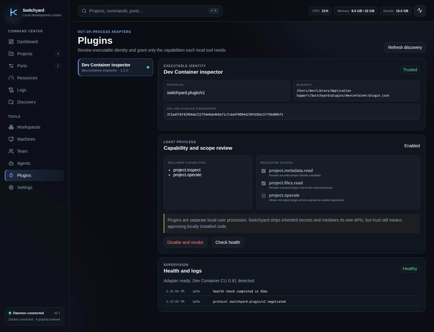 Switchyard product view demonstrating capability-scoped plugins.