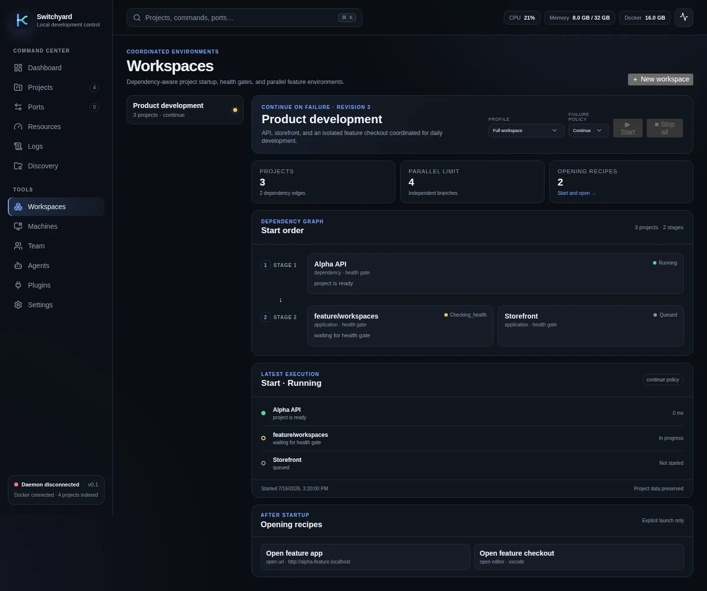Switchyard product view demonstrating workspaces and worktrees.